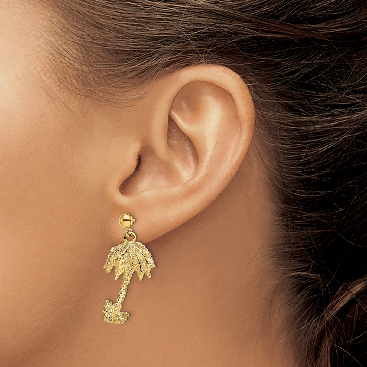 14k Yellow Gold Palm Tree Dangle Earrings, Tropical Beach Style for Women