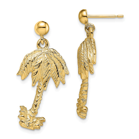 14k Yellow Gold Palm Tree Dangle Earrings, Tropical Beach Style for Women