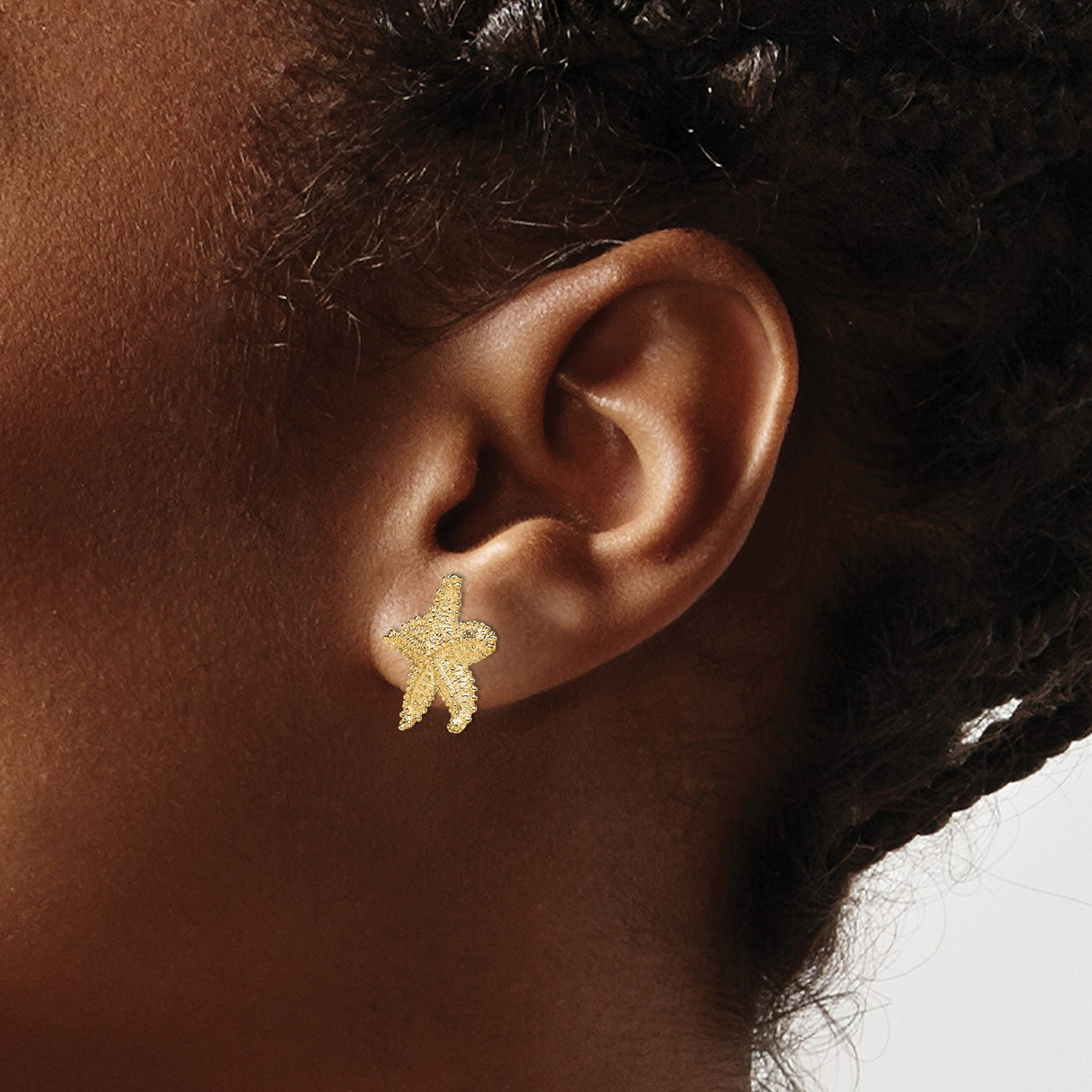 14k Yellow Gold Starfish Stud Earrings, Textured Sea Life Nautical Style for Women