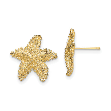 14k Yellow Gold Starfish Stud Earrings, Textured Sea Life Nautical Style for Women