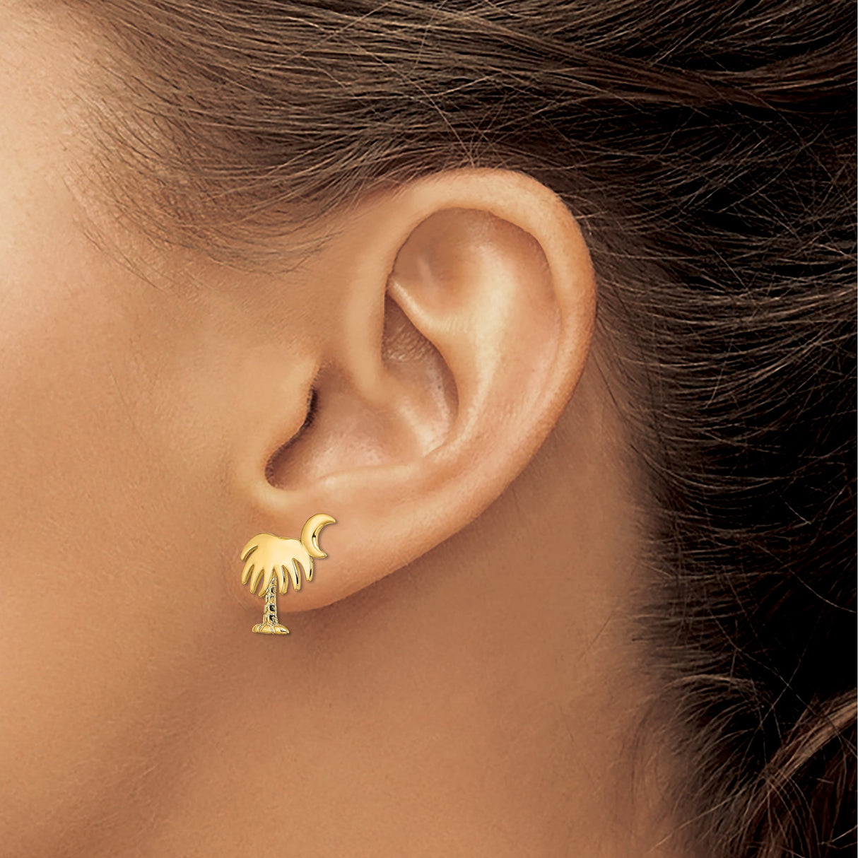 14k Yellow Gold Crescent Moon Palmetto Tree Stud Earrings, South Carolina Symbol Design