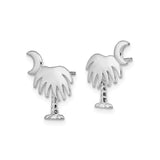 14k White Gold Stud Earrings with Palm Tree and Crescent Moon Design