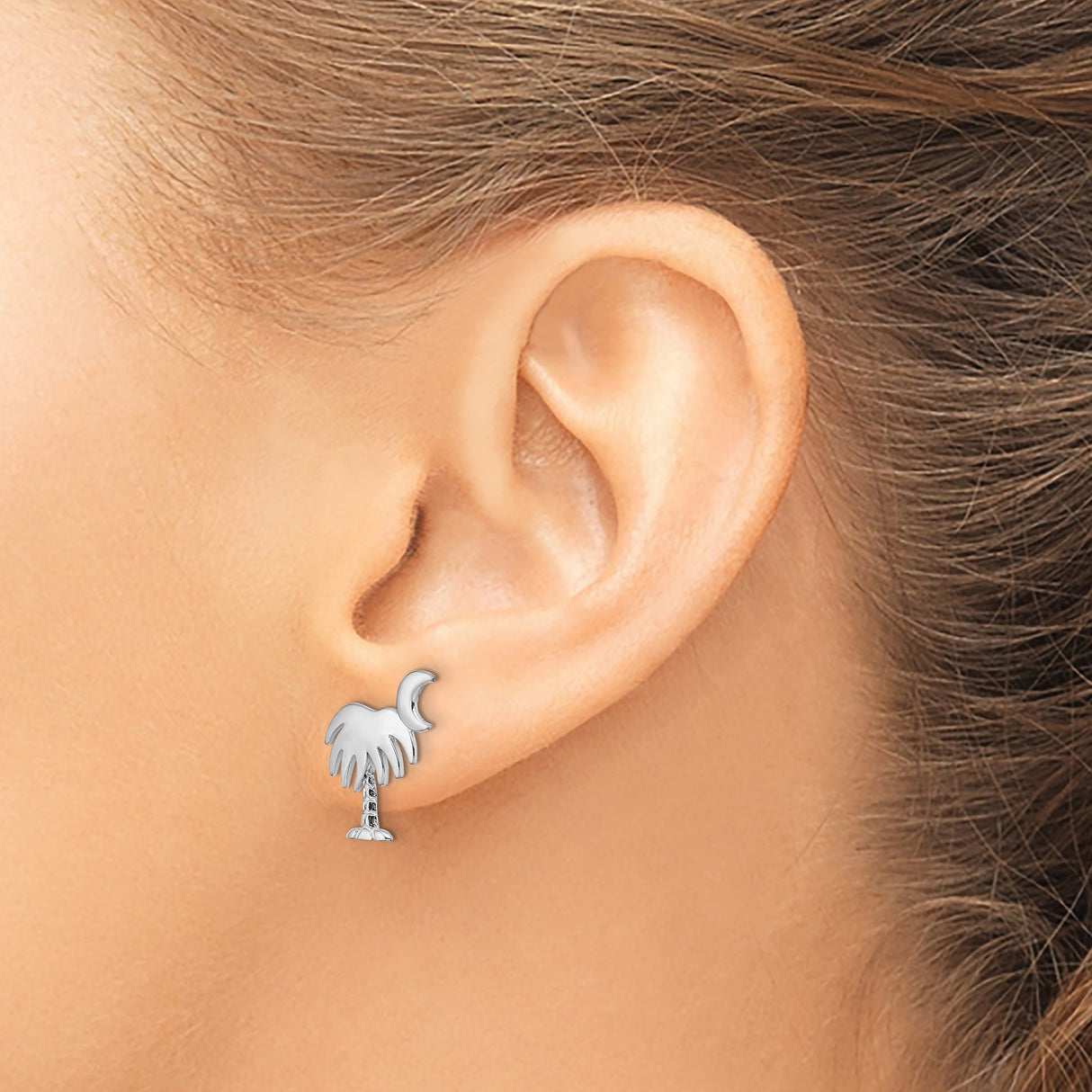 14k White Gold Stud Earrings with Palm Tree and Crescent Moon Design