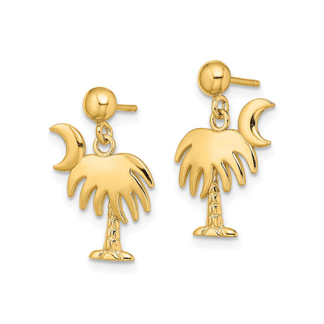 14k Yellow Gold Dangle Earrings with Palm Tree and Crescent Moon Design for Women