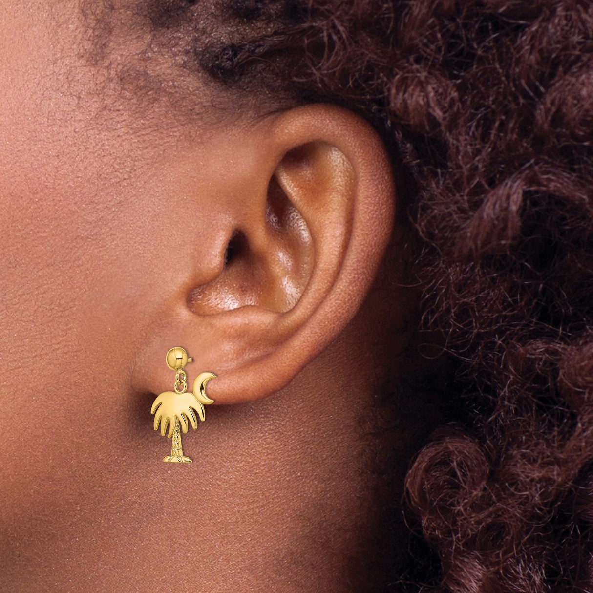 14k Yellow Gold Dangle Earrings with Palm Tree and Crescent Moon Design for Women
