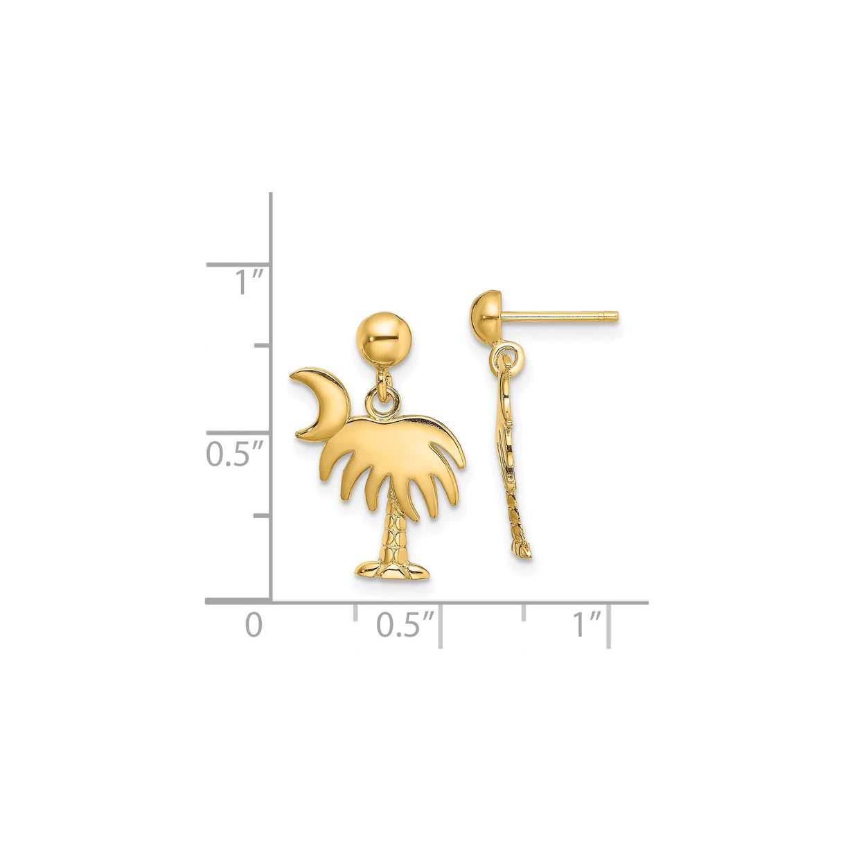 14k Yellow Gold Dangle Earrings with Palm Tree and Crescent Moon Design for Women