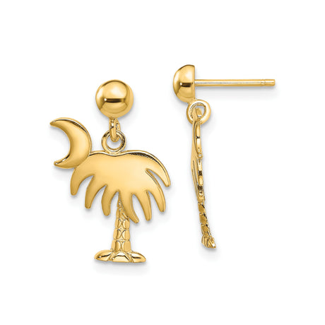 14k Yellow Gold Dangle Earrings with Palm Tree and Crescent Moon Design for Women