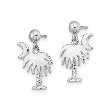 14k White Gold Dangle Earrings with Palm Tree and Crescent Moon Design, Coastal Southern Style