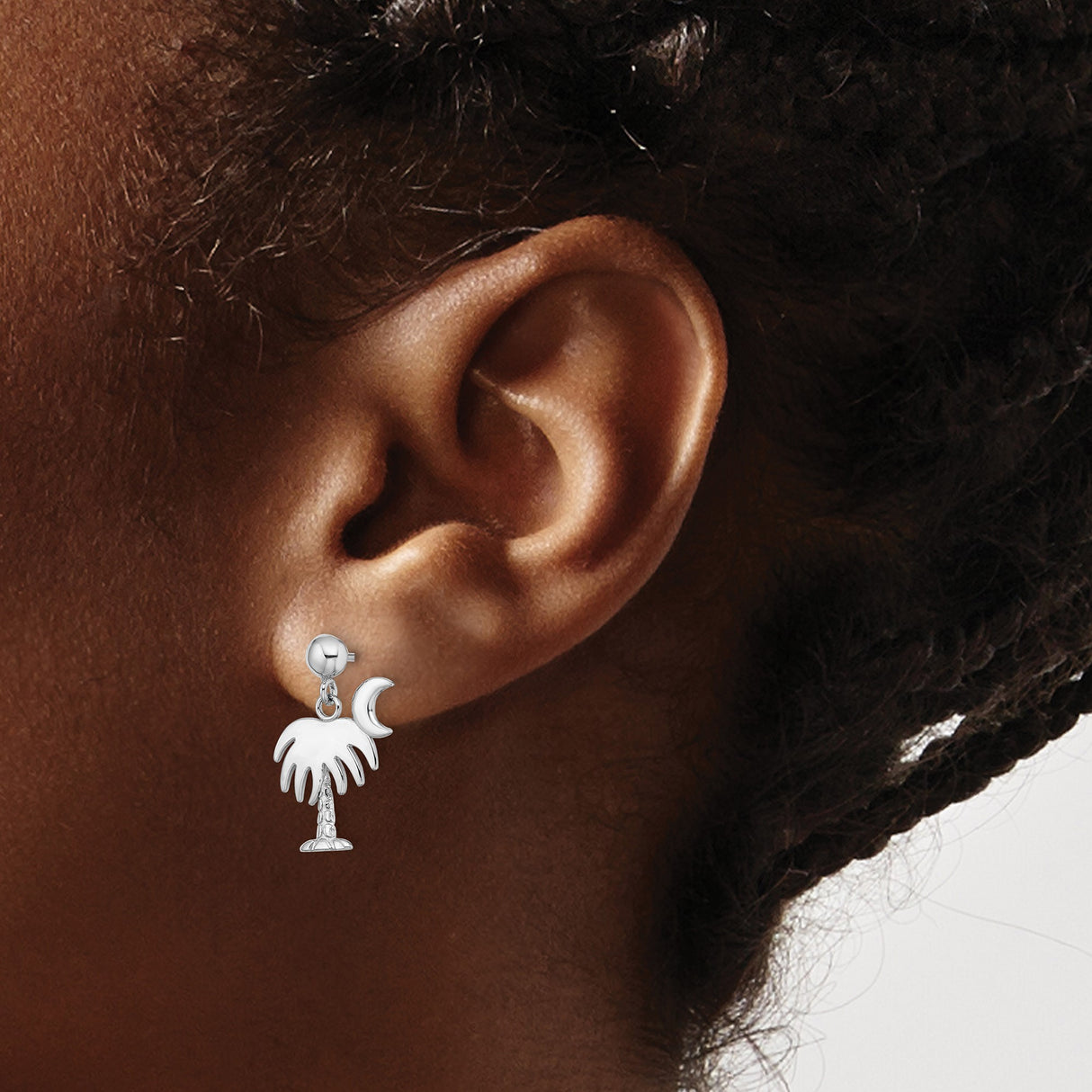 14k White Gold Dangle Earrings with Palm Tree and Crescent Moon Design, Coastal Southern Style