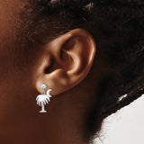14k White Gold Dangle Earrings with Palm Tree and Crescent Moon Design, Coastal Southern Style