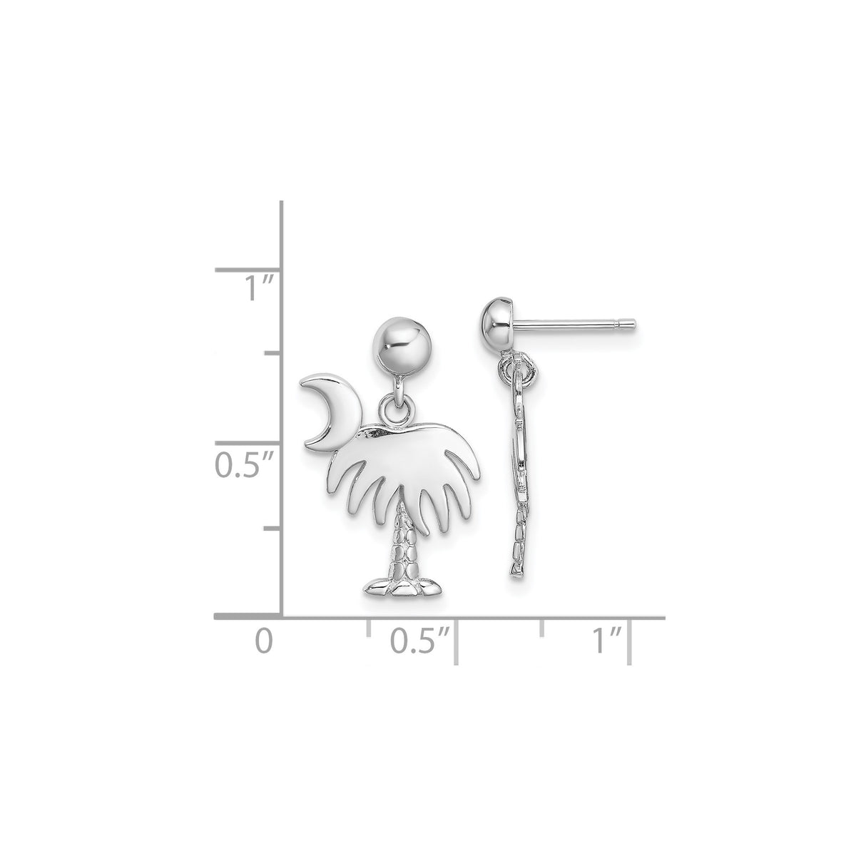 14k White Gold Dangle Earrings with Palm Tree and Crescent Moon Design, Coastal Southern Style