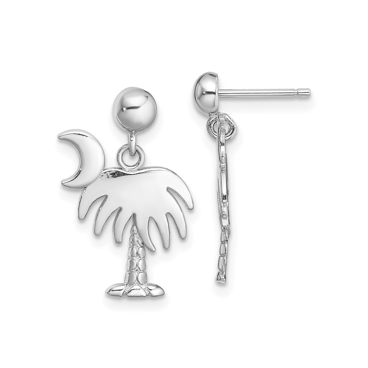 14k White Gold Dangle Earrings with Palm Tree and Crescent Moon Design, Coastal Southern Style