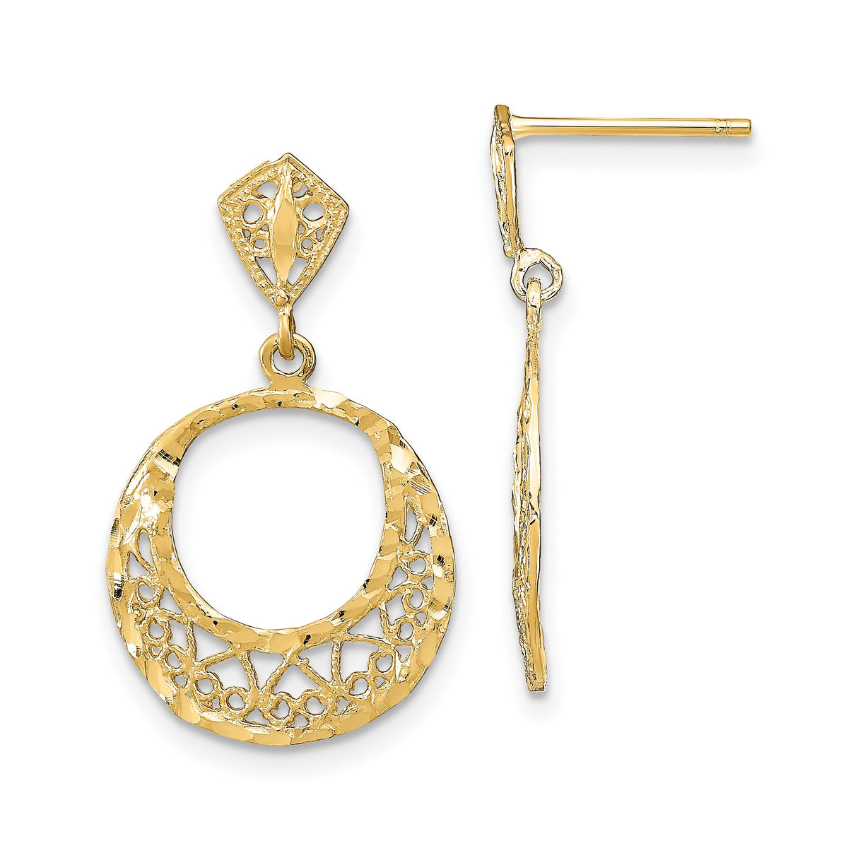 14k Yellow Gold Drop Earrings with Openwork Circular Filigree and Hammered Texture