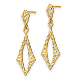 14k Yellow Gold Dangle Earrings, Open Diamond Shape Filigree, Textured Drop Style