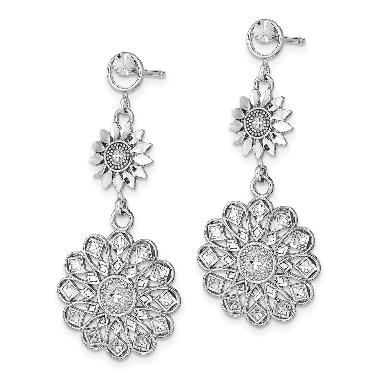 14k White Gold Dangle Earrings with Floral Mandala Design and Etched Cross Motifs