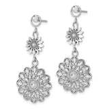 14k White Gold Dangle Earrings with Floral Mandala Design and Etched Cross Motifs