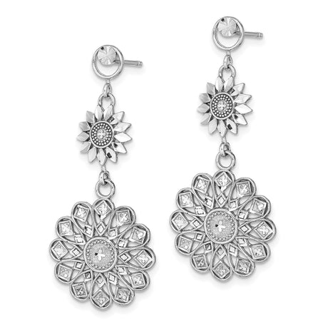 14k White Gold Dangle Earrings with Floral Mandala Design and Etched Cross Motifs