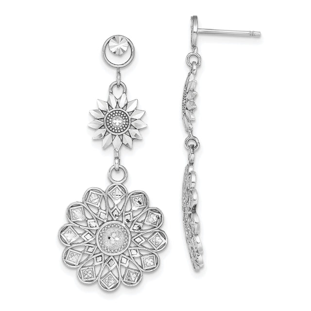 14k White Gold Dangle Earrings with Floral Mandala Design and Etched Cross Motifs