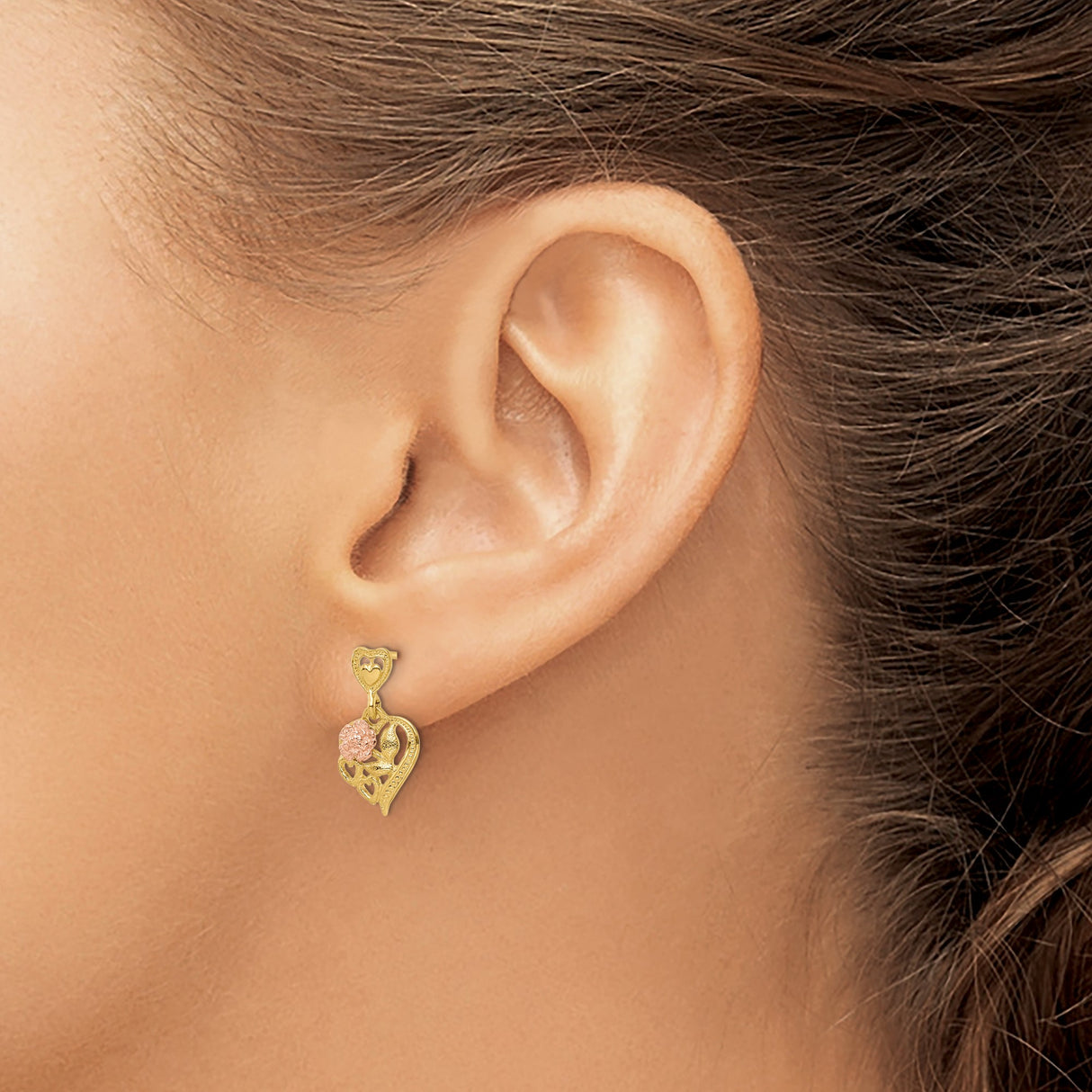 14k Two-Tone Gold Dangle Earrings, Floral Heart Design with Cutout Accents for Women