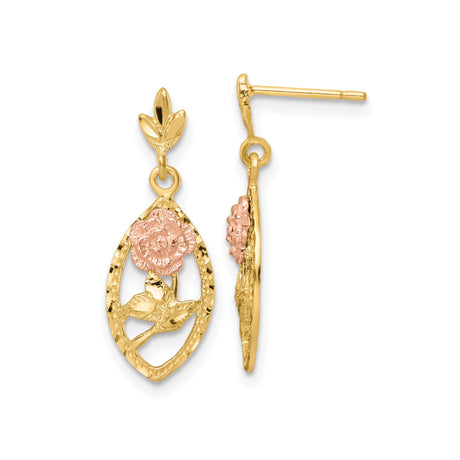 14k Two-Tone Gold Dangle Earrings with Rose Flower and Textured Leaf Design