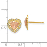 14k Two Tone Gold Heart Stud Earrings with Textured Rose Gold Center and Filigree Border
