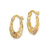 14k Two-Tone Gold Hoop Earrings with Rose Gold Floral Leaf Design for Women