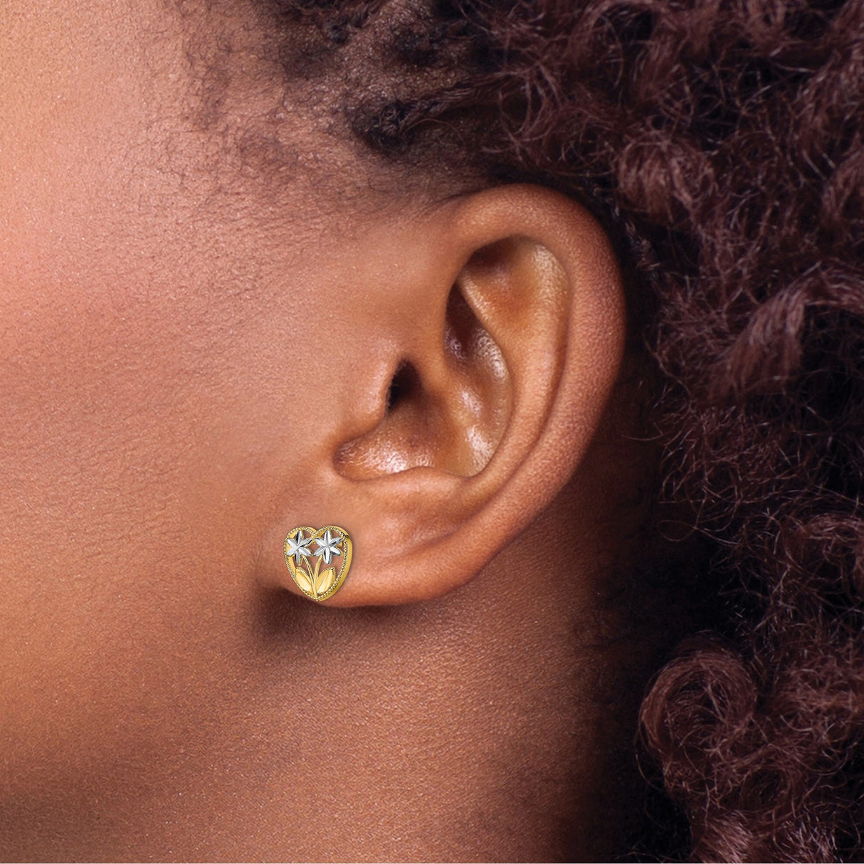 14k Yellow Gold Heart Shaped Flower Stud Earrings, Open Heart Daisy Design