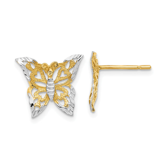 14k Yellow Gold Butterfly Stud Earrings with Cutout Design and Heart Motif for Women
