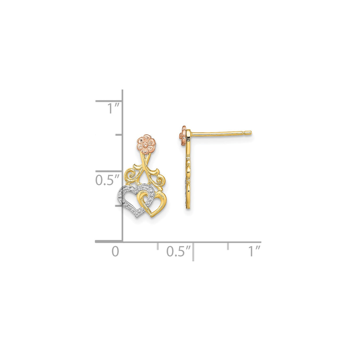 14k Two Tone Gold Earrings with Intertwined Open Hearts and Rose Flower Filigree Design