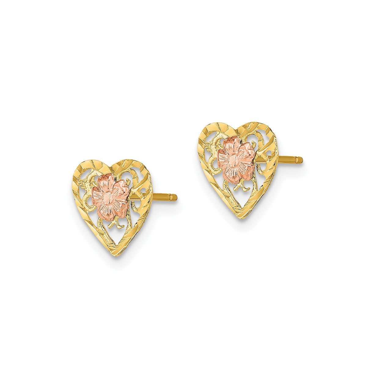 14k Two Tone Gold Heart Stud Earrings with Rose Gold Flower and Filigree Design
