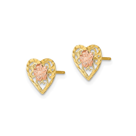 14k Two Tone Gold Heart Stud Earrings with Rose Gold Flower and Filigree Design