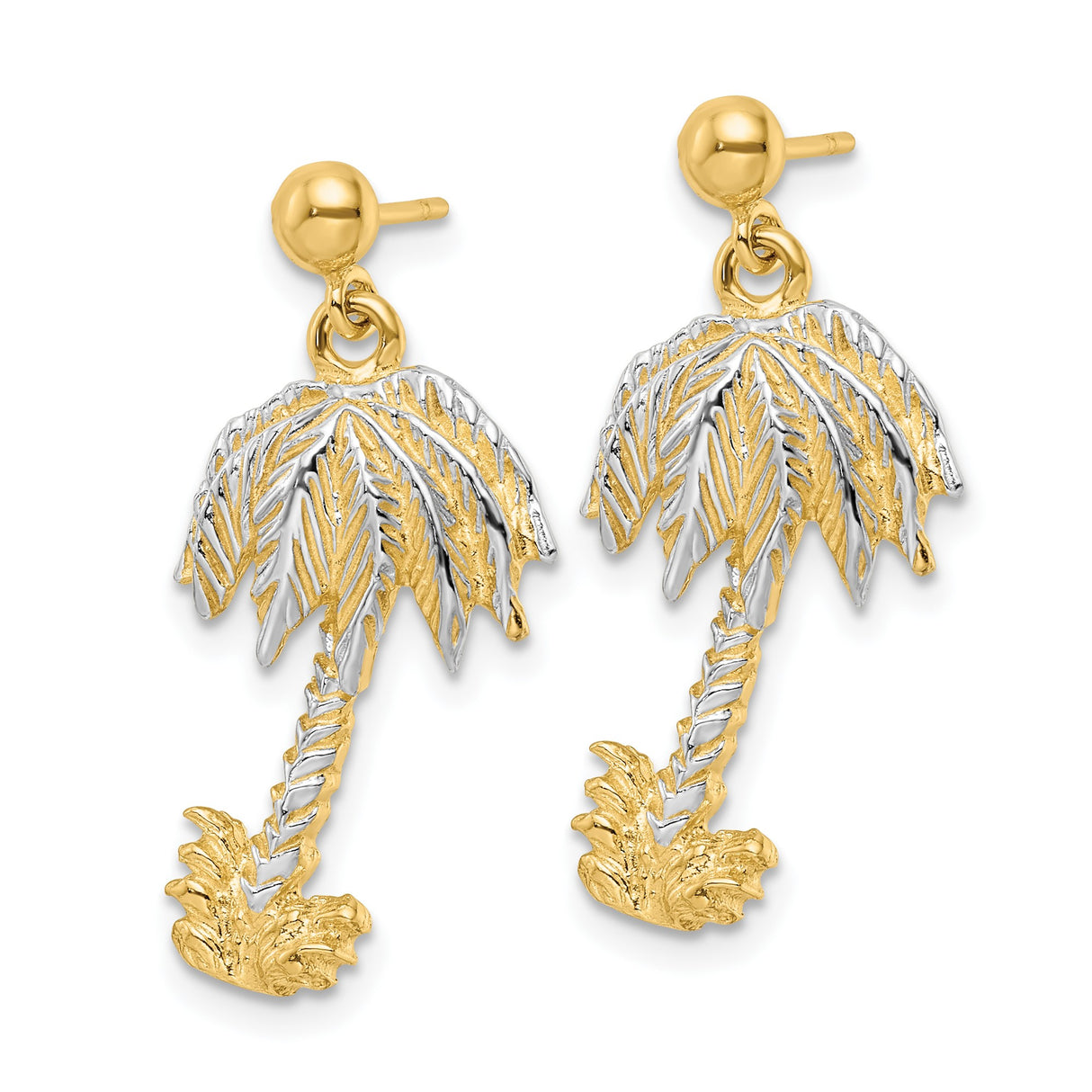 14k Yellow Gold Drop Earrings with Textured Palm Tree Design, Two-Tone Tropical Style for Women