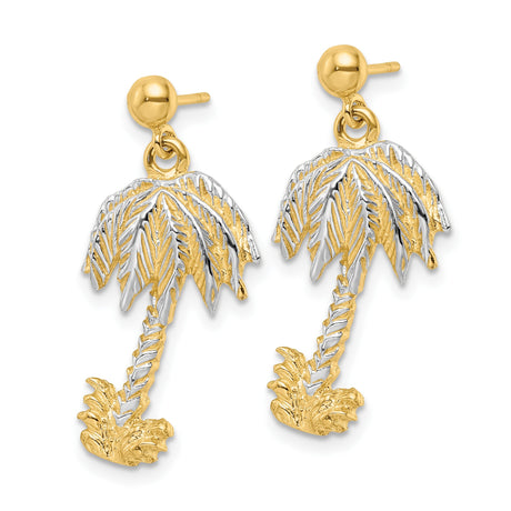 14k Yellow Gold Drop Earrings with Textured Palm Tree Design, Two-Tone Tropical Style for Women