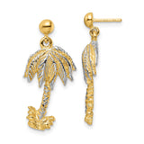 14k Yellow Gold Drop Earrings with Textured Palm Tree Design, Two-Tone Tropical Style for Women