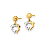 14k Yellow Gold Dolphin Heart Dangle Earrings, Nautical Romantic Design for Women