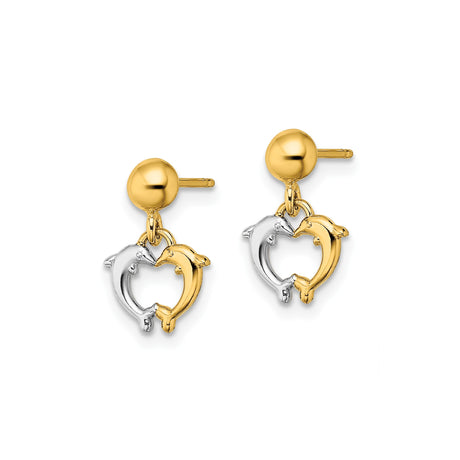 14k Yellow Gold Dolphin Heart Dangle Earrings, Nautical Romantic Design for Women