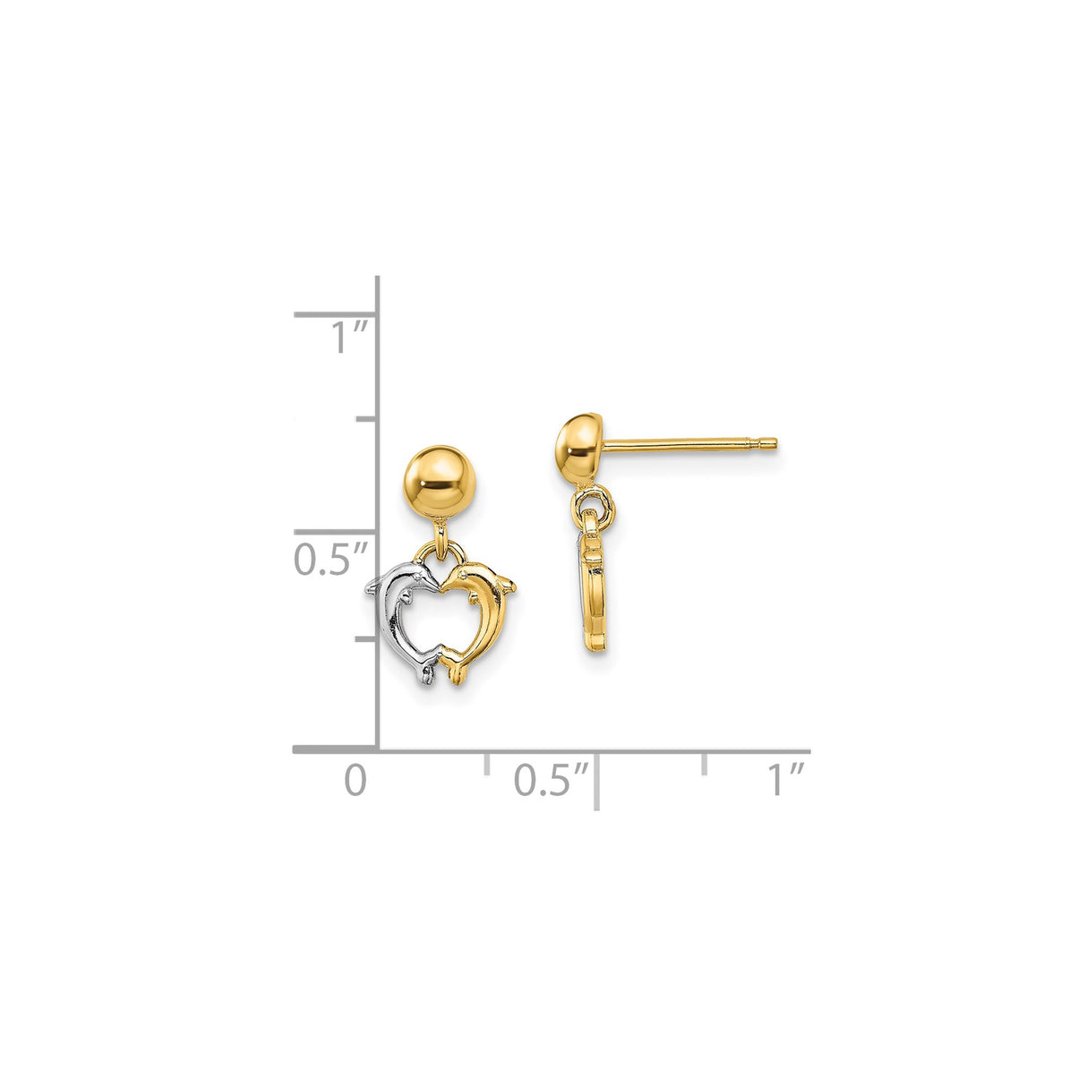 14k Yellow Gold Dolphin Heart Dangle Earrings, Nautical Romantic Design for Women