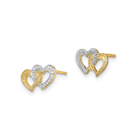 14k Yellow Gold Intertwined Heart Stud Earrings, Two-Tone Textured Heart Design for Women