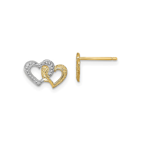14k Yellow Gold Intertwined Heart Stud Earrings, Two-Tone Textured Heart Design for Women