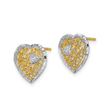 14k Yellow Gold Heart Stud Earrings with Rhodium and Textured Filigree Design