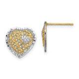 14k Yellow Gold Heart Stud Earrings with Rhodium and Textured Filigree Design