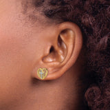 14k Yellow Gold Heart Shaped Stud Earrings with Filigree and Christian Cross Design