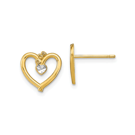 14k Yellow Gold Heart Stud Earrings with Open Two-Heart Design and Rhodium Accents