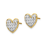 14k Yellow Gold Heart Stud Earrings with Rhodium Openwork and Beaded Texture
