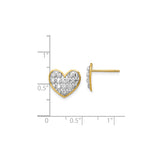 14k Yellow Gold Heart Stud Earrings with Rhodium Openwork and Beaded Texture