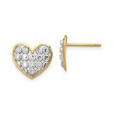 14k Yellow Gold Heart Stud Earrings with Rhodium Openwork and Beaded Texture