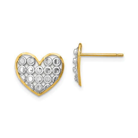 14k Yellow Gold Heart Stud Earrings with Rhodium Openwork and Beaded Texture