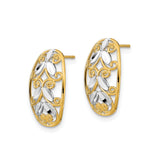 14k Yellow Gold and Rhodium Stud Earrings with Floral Scroll and Marquise Leaf Design
