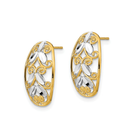 14k Yellow Gold and Rhodium Stud Earrings with Floral Scroll and Marquise Leaf Design
