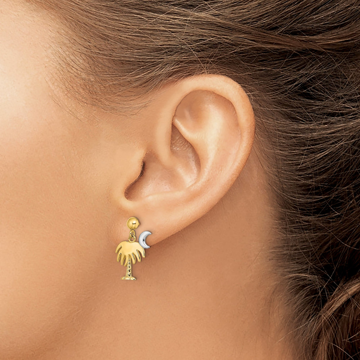 14k Yellow Gold Palm Tree and Crescent Moon Dangle Earrings, Two Tone Southern Style